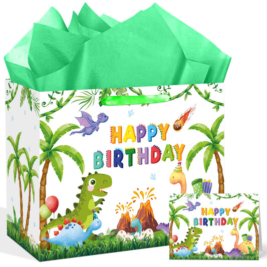 QISOLIY Dinosaur Birthday Gift Bag for Kids Boys Happy Birthday Gift Bag with Tissue Paper and Greeting Card, Cute Dino Party Favor Bag for Children, Party Present Wrapping Bag with Handle