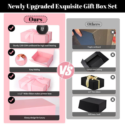 Pink Gift Box 11’’x7.2”x3.5”, Glossy Magnetic Gift Box with Lid for Present Contains 1-1/2’’ Widened Ribbon, Liner Paper, Card for Christmas, Valentine's Day, Wedding, Birthday