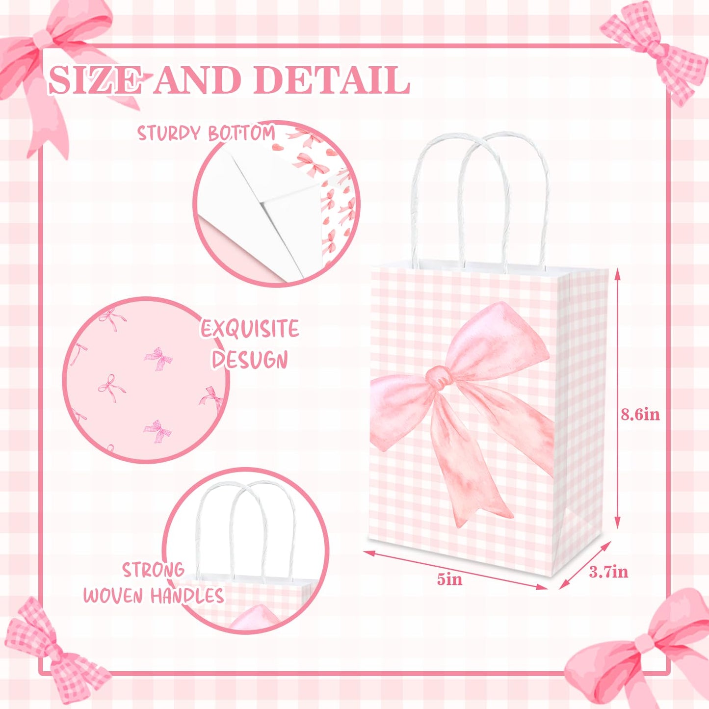 MUZRUYOU Pink Bow Goodie Bags 16 Pcs - Pink Gift Favor Bags with Handles for Birthday Party, Baby Shower, Bridal Shower, Bachelorette Supplies Coquette Theme