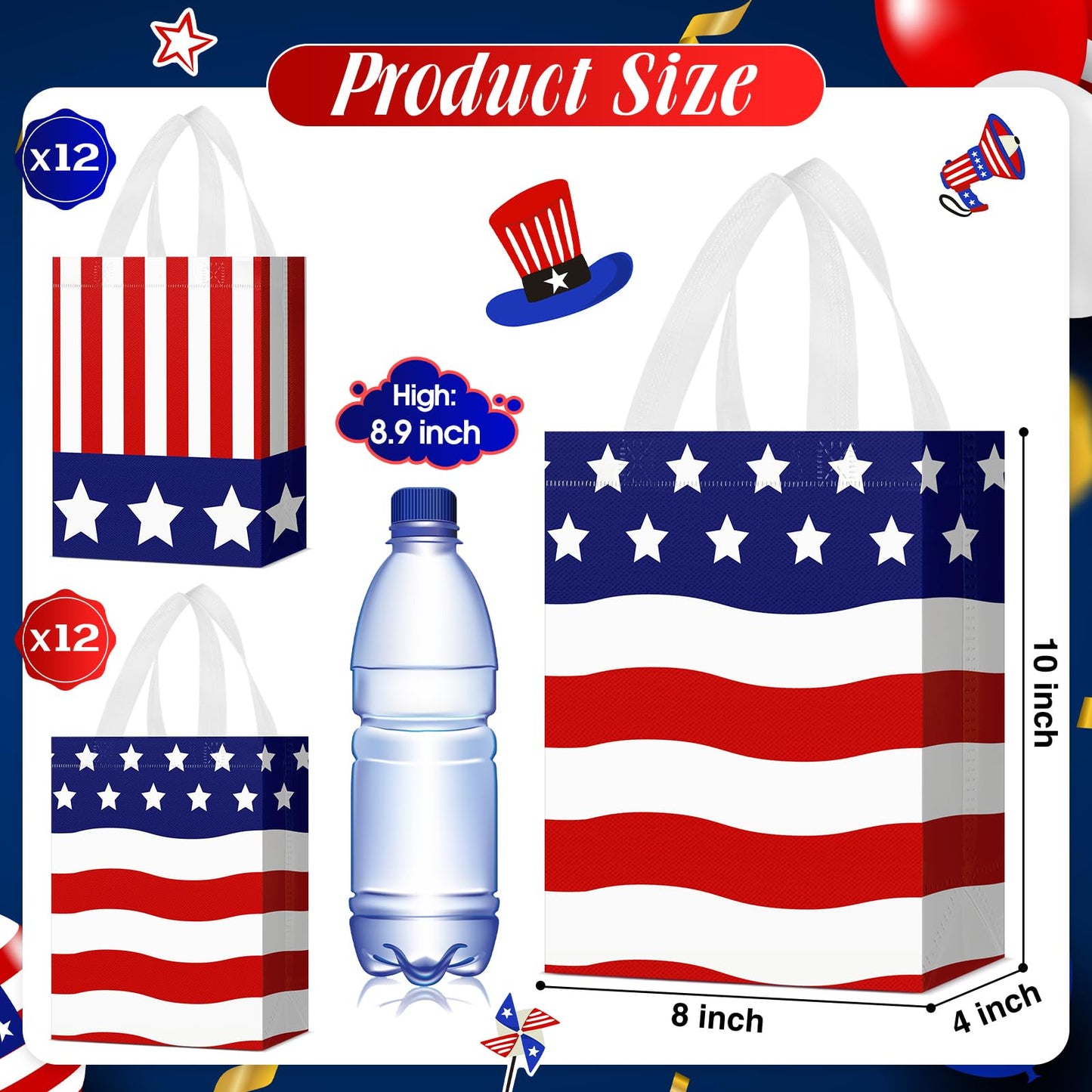 Locmeo 24 Pcs 4th of July Patriotic Party Favor Bags with Handles Reusable Non Woven American Flag Goodie Bags Independence Day Gift Bag for Girl Boy Birthday Memorial Party Supplies, 8 x 4 x 10 Inch