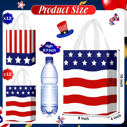Locmeo 24 Pcs 4th of July Patriotic Party Favor Bags with Handles Reusable Non Woven American Flag Goodie Bags Independence Day Gift Bag for Girl Boy Birthday Memorial Party Supplies, 8 x 4 x 10 Inch