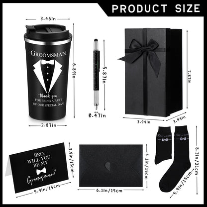 Nuanchu 6 Pcs Groomsmen Officiant Gifts Wedding Proposal Gift for Best Man Groomsman 17 Oz Coffee Cup Tumbler Socks Multi Tool Ballpoint Pen with Greeting Card Envelope(Black)