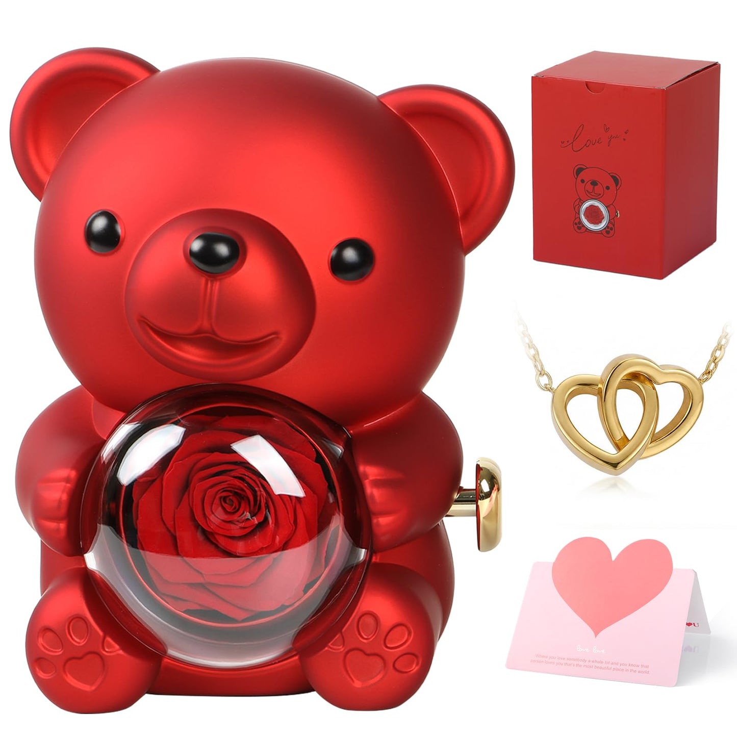 Cute Teddy Bear with Preserved Rose, Real Eternal Rose in Bear with Elegant Gift Box, Romantic Keepsake for Her – Anniversary, Birthday, Valentine’s Day, Weddings & Mother’s Day (Red)
