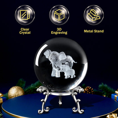 MAIBAOTA Elephant Gifts for Women Mothers Day Birthday Gifts for Mom 3D Crystal Elephant Decor Figurines 60mm Glass Laser Ball Paperweight with Stand Glass Sphere