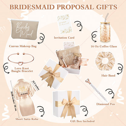 Irenare Bridesmaid Proposal Gifts Set Robes Makeup Bag Cup Cards Hair Tie Bracelet Diamond Pen Bridesmaid Gift Box(Champagne,8 Pcs)