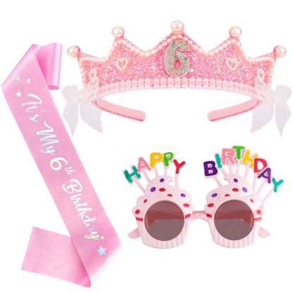 6th Birthday Girl Gift Set - 6th Birthday Sash, Glitter Crown & Cupcake Glasses, 6 Year Old Girl Birthdays Gifts, Princess Birth day Party Decorations for Girls