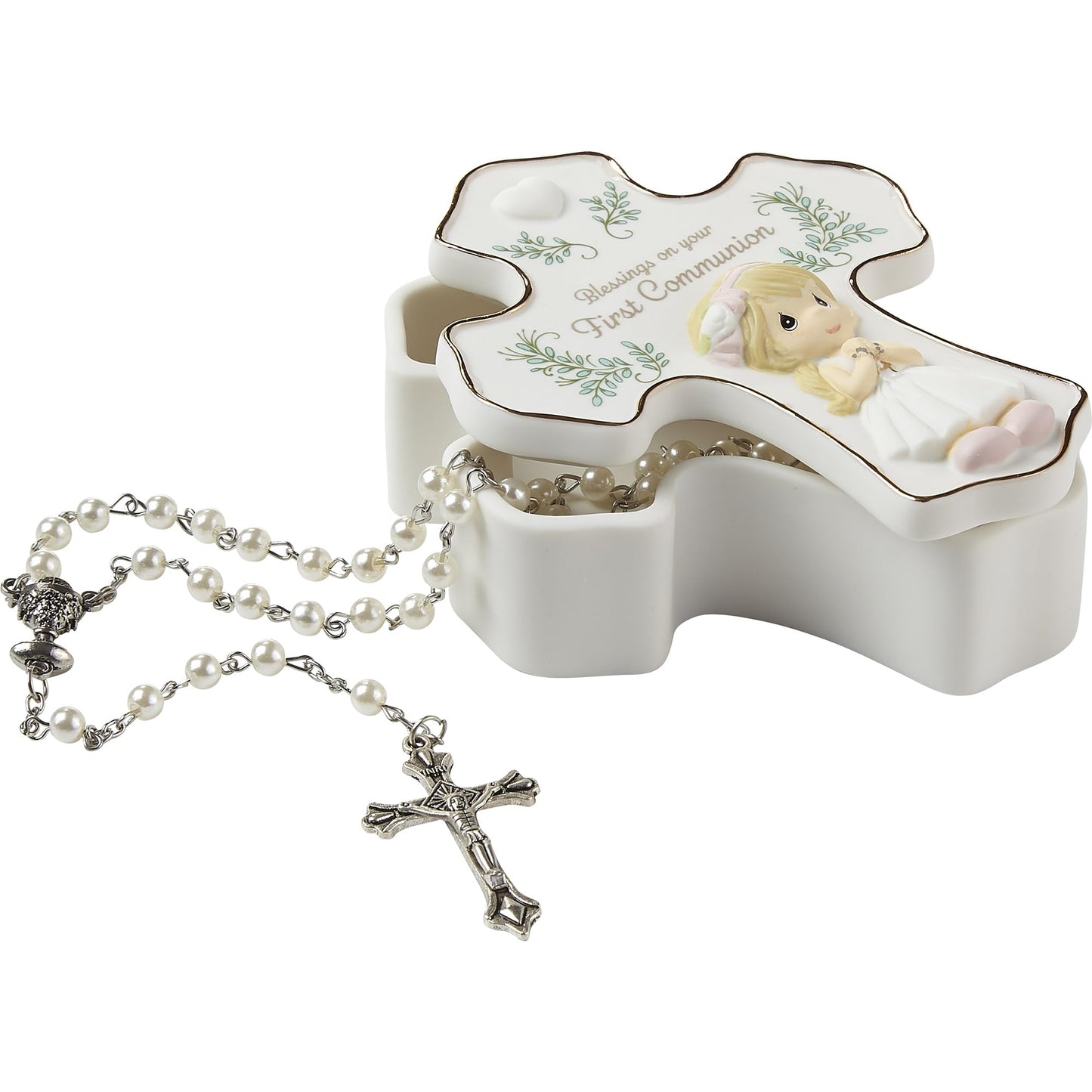 Precious Moments Blessings On Your First Communion, Bisque Porcelain Rosary Box with Rosary, First Communion Gift for Girls, Religious Keepsake for Catholic and Christian Faith