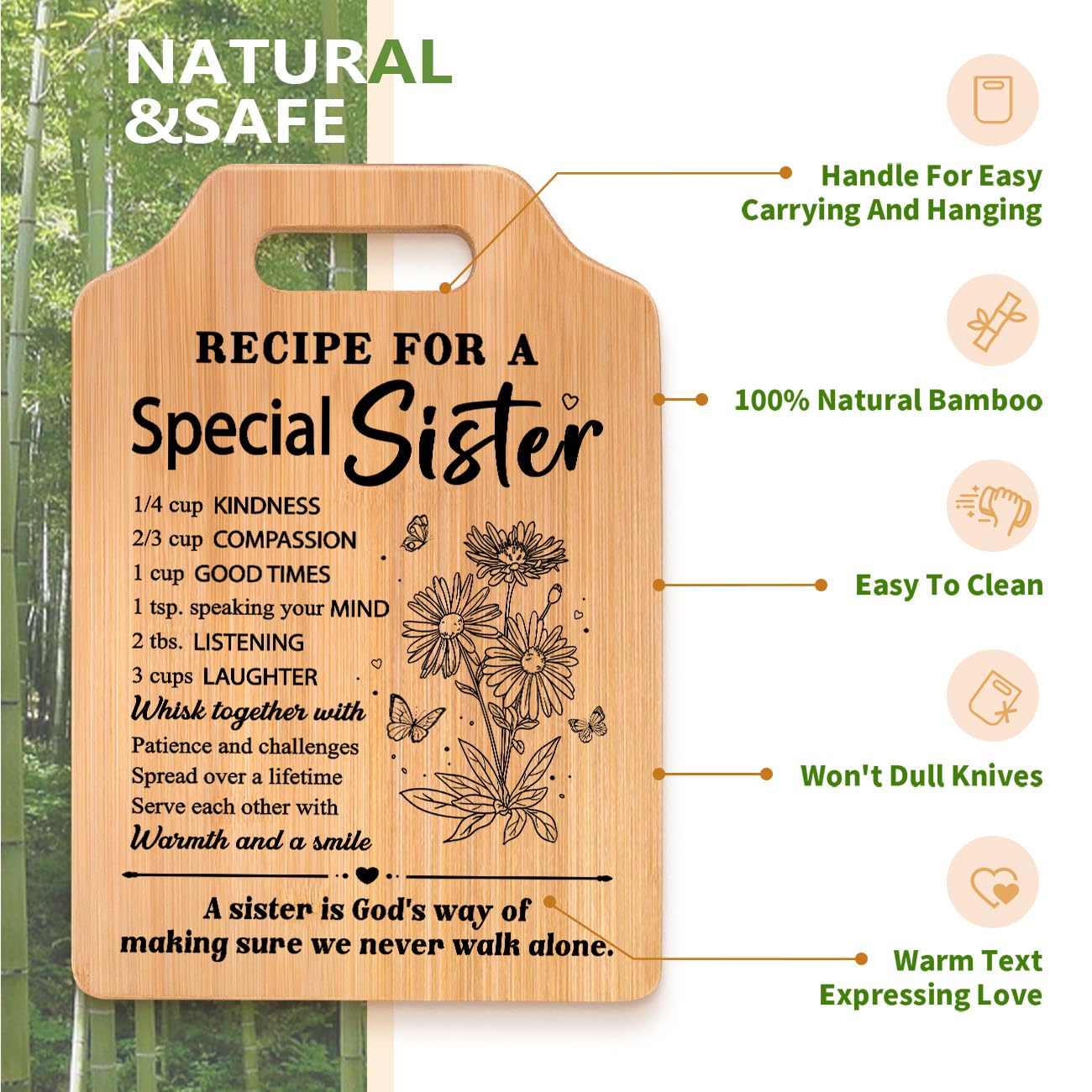 Gifts for Sister, Sister's Birthday Gifts from Sister, Recipe for A Special Cutting Board, Christmas Mothers Day Valentines Day Present for Sisters