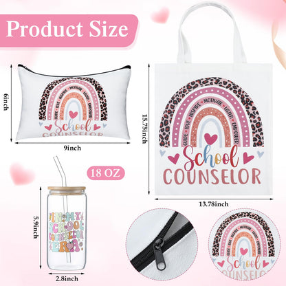 Remerry 10 Pcs School Counselor Appreciation Gifts End of School Year Teacher Gifts Set for Women Include Tote Bag Cosmetic Bag Glass Cup Card Bracelet Socks Notebook Pen for Educator
