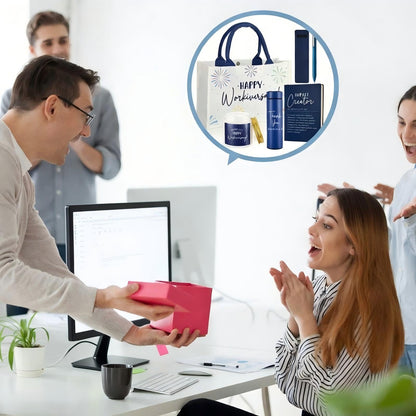 Thenshop 6 Pcs Happy Workiversary Gifts Set for Men Women Employee Appreciation Gifts Include Tumbler Leather Notebook Pen Tote Bag Scented Candle for Office Coworker Employee (Blue)