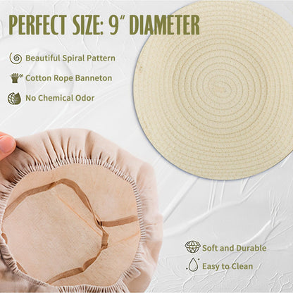 Banneton Bread Proofing Basket with 24oz Starter Jar -Round Cotton Rope Rising Basket with Bread Knife, Dough Scraper, Cloth & Liners - Complete Gift Kit for Sourdough and Artisan Bread Making