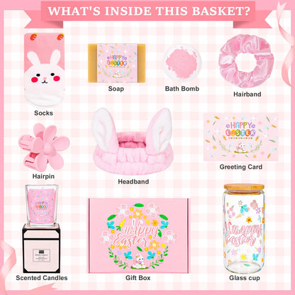 Honxicur Easter Gifts Set for Women Sister Teens Adults Stuff, Easter Basket Stuffers with 16oz Glass Cup, Scented Candles, Headband & Socks, Self Care Gifts for Women