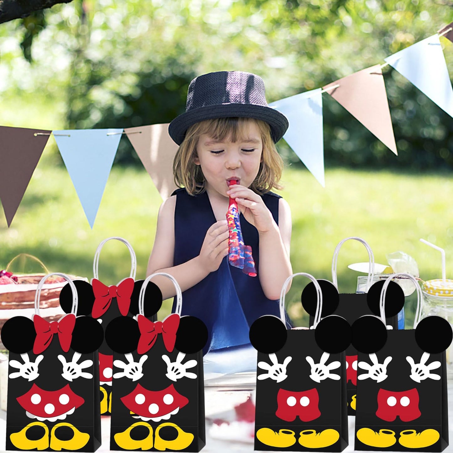 JAMNSY 12 Pcs Mouse Party Favor Bags, Cute Bow Paper Gift Bags with Handles, Cartoon Themed Candy Bags for Birthday Party Decorations & Treat Storage