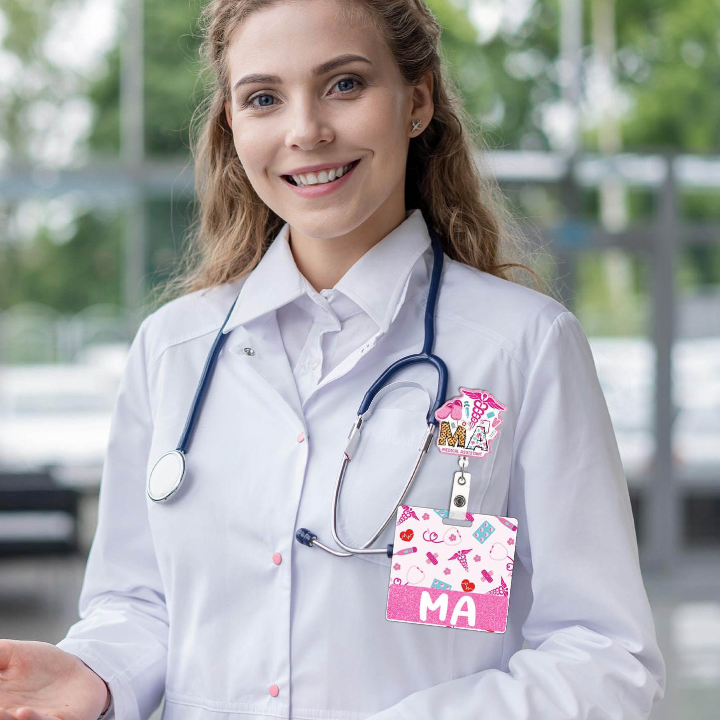 Medical Assistant Badge Reel and Buddy, Pink Retractable ID Holder with Swivel Clip and MA Badge Buddy, Medical Assistant Gifts and Accessories for Work