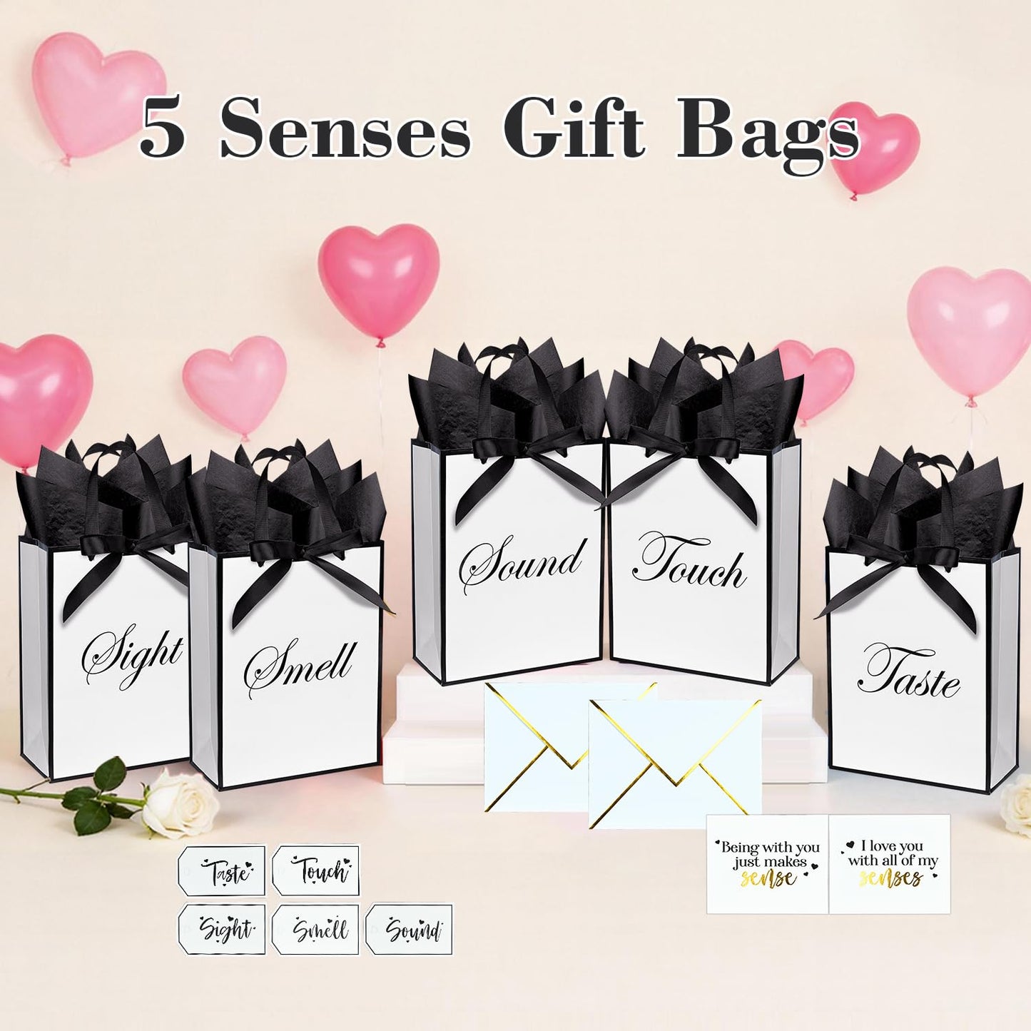 Nimbbex 5 Senses Gift Bags for Him Her with Labels & Ribbon, Five Senses Gift Bags with Handle, Envelopes and Cards for Birthday, Anniversary, Mother's Day, Valentine's Day 9 x 7 x 3.2 Inches (White)