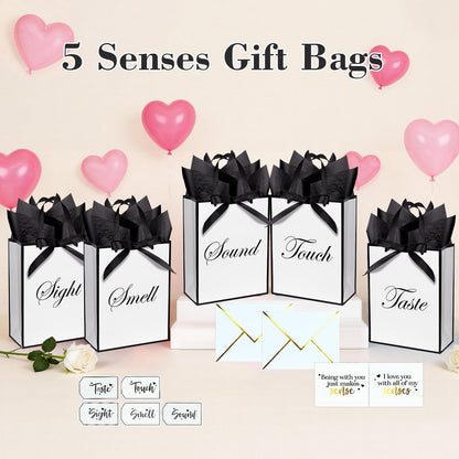 Nimbbex 5 Senses Gift Bags for Him Her with Labels & Ribbon, Five Senses Gift Bags with Handle, Envelopes and Cards for Birthday, Anniversary, Mother's Day, Valentine's Day 9 x 7 x 3.2 Inches (White)