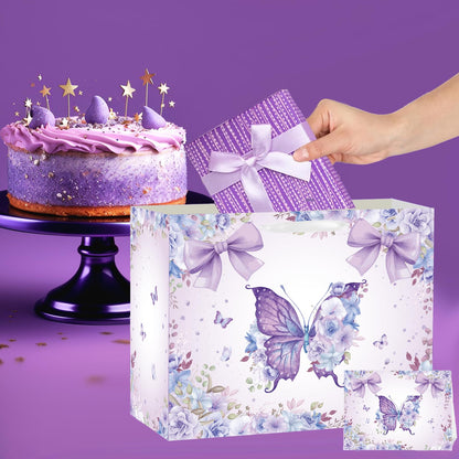 SolarGlory Large Butterfly Birthday Gift Bag with Card & Tissue Paper – Purple Happy Birthday Party Favors for Women, Girls, Baby Shower, Bachelorette Theme Party Decorations