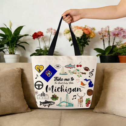 Take Me To Michigan Tote Bag Reusable Grocery Bags Aesthetic Shopping Shoulder Handbag with Interior Pocket Lightweight & Washable Stylish Michigan Travel Present for Women