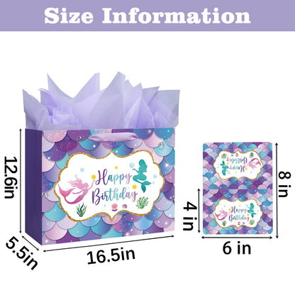 16.5" Large Mermaid Happy Birthday Gift Bag with Handle, Tissue Paper and Card for Kids Girls (16.5in Purple)
