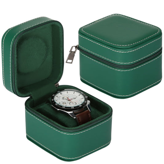 Single Watch Box, Small Watch Travel Cases for Men Women, Portable Zipper Wristwatches Storage Holder Boxes with Removable Pillow (Green)