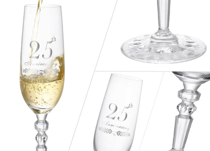 25th Anniversary Decorations Gifts for Couple, Classical Style 25th Wedding Anniversary Champagne Flutes Glasses, Crystal Champagne Glasses Set of 2, Gifts for husband, wife, Couple