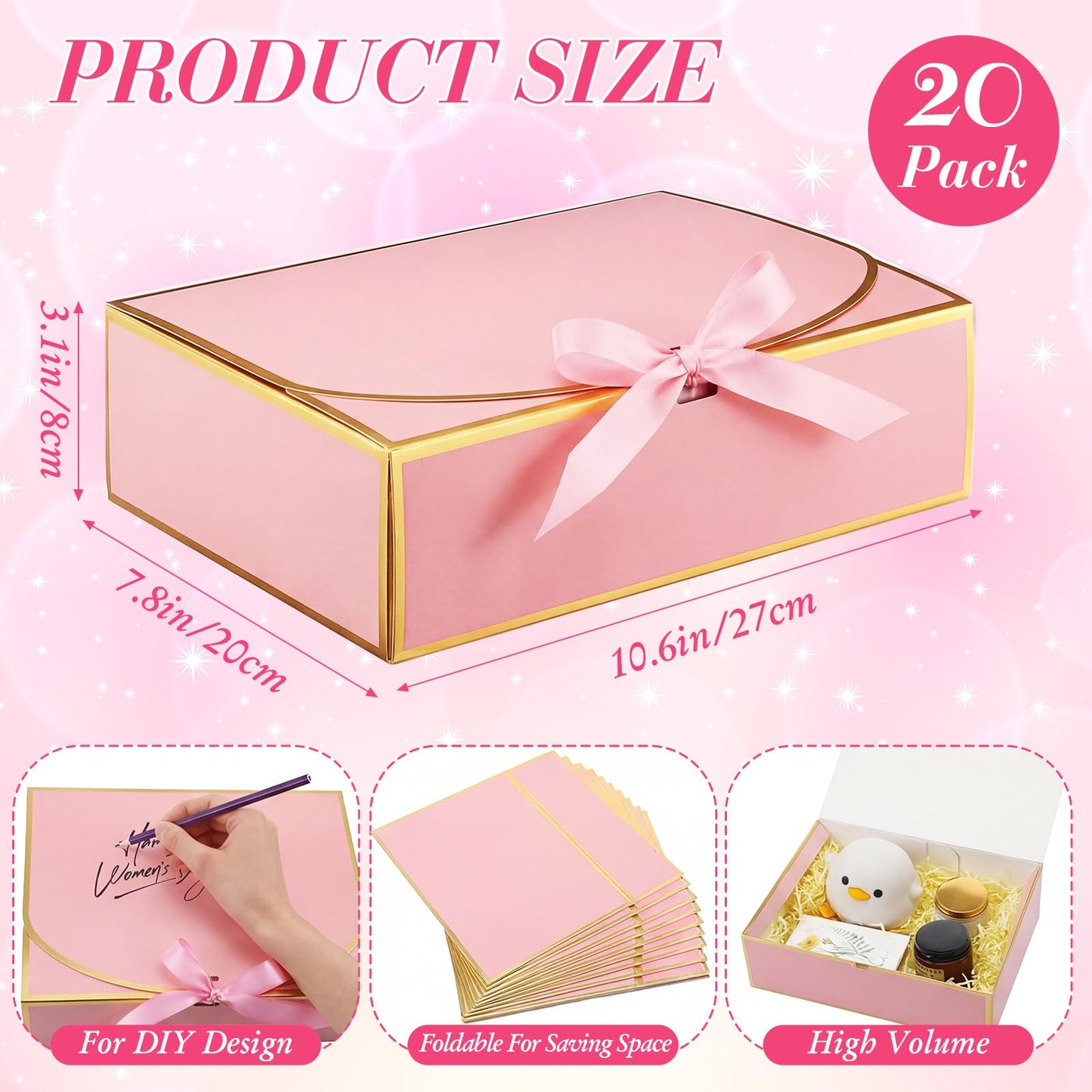 Jaloro 20 Pack Pink Gift Boxes with Lids Bulk 10.6x7.8x3.1inch Pink Gift Boxes with Gold Ribbons Bridesmaid Proposal Box for Presents, Wedding, Birthday, Valentine's Day, Baby Shower, Anniversary
