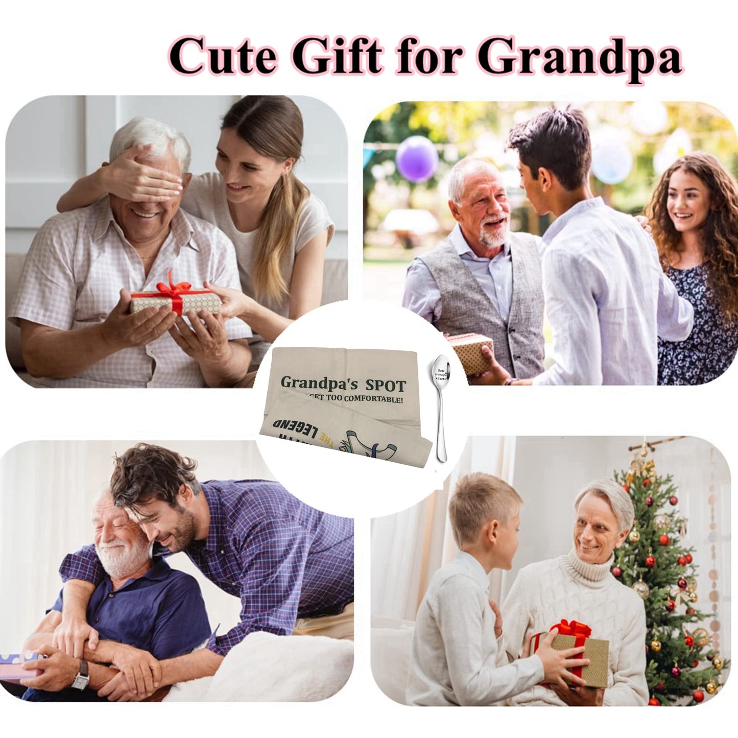 ZUYUROU Grandpa Gifts,2-Pocket Grandpa’s Spot Throw Pillow Covers 18x18 Inch + Engraved Spoon, Fathers Day Birthday Christmas Thanksgiving Day Gifts for Papa, Granddad