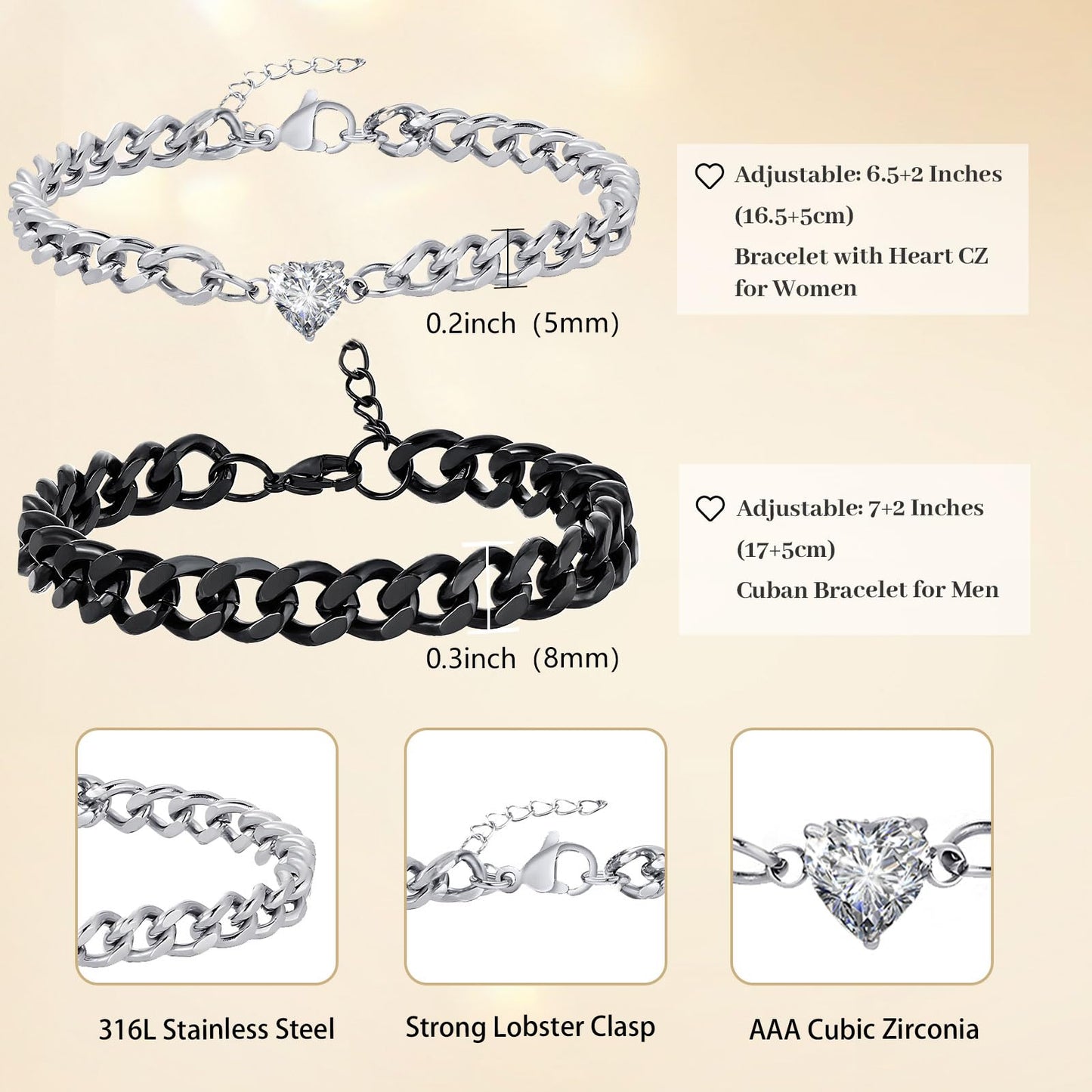 Matching Couple Cuban Chain Bracelets Gifts for Boyfriend Husband Soulmate Girlfriend Valentine Anniversary Birthday Christmas Gift for Him Her