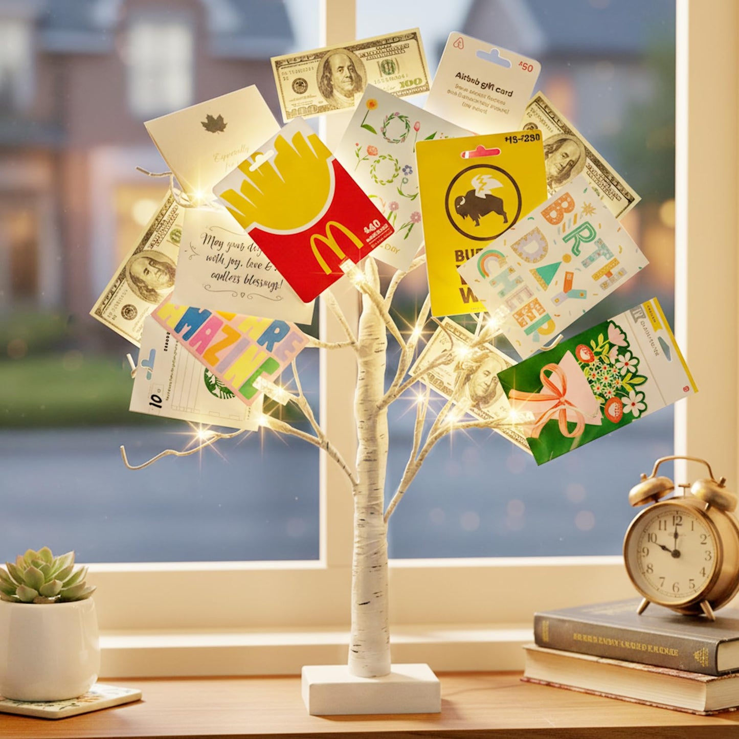 PABIPABI Money Tree Gift Holder, 24 LED Lighted Birch Tree with 12 Clear Clips, Battery/USB Powered Timer Display Tree for Christmas, Memo, Present Card, Photo, Wedding, Birthday Graduation