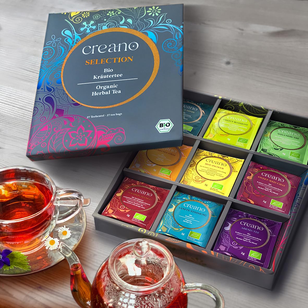 Creano Organic Herbal Tea Sampler Gift Set - Tea Gift Box - 27 Organic Tea Bags in 9 Different Varieties 54 g