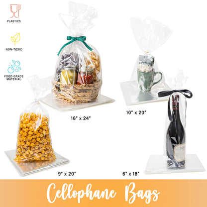 50 Pcs Clear Plastic Cellophane Goodie Bags - Party Favor Bags | 4" Twist Ties | Clear Gift & Treat Bags with Ties