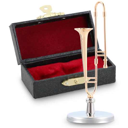 EASTROCK 2.1in Mini Trombone Model, Gold Plated Miniature Trombone with Case and Stand, Mini Musical Instrument Home Ornament Dollhouse Decoration