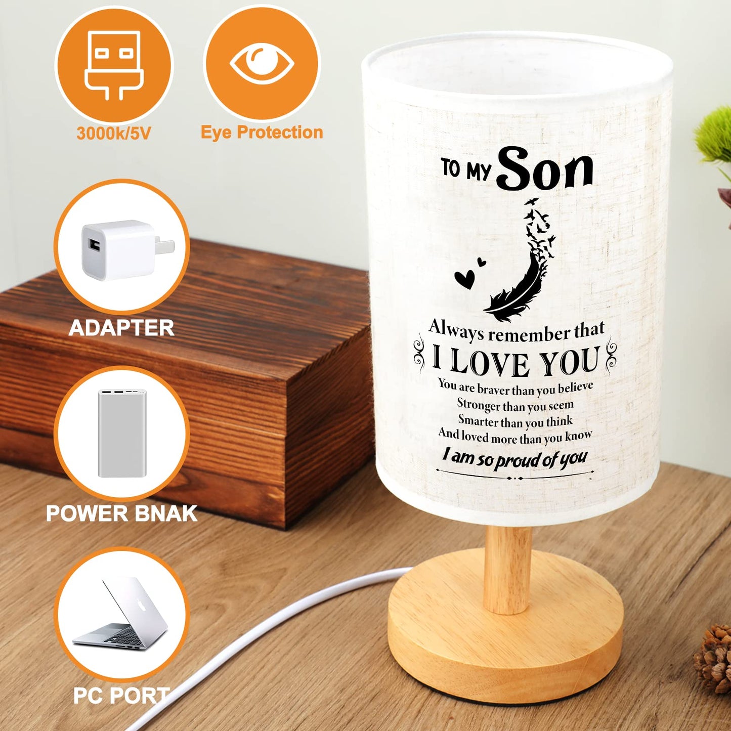 SOUHONEY Gifts for Son for Fathers Day from Mom Dad- Fabric Wooden Desk Lamp for Bedroom Living Room for Son Adult Graduation Season Gifts, Birthday Gifts, Back to School Gifts