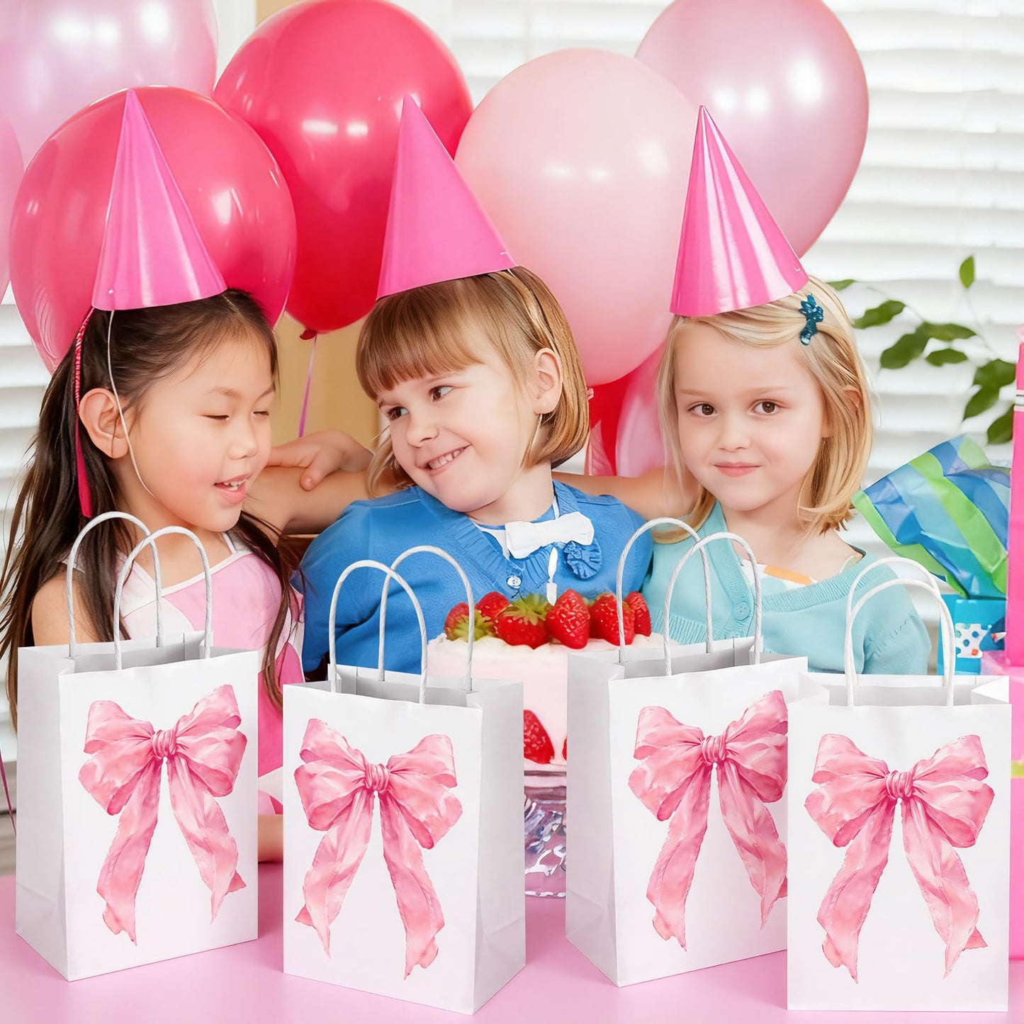 Hxezoc 12 Pieces Pink Bow Gift Bags with Handle, Paper Treat Candy Bag Girly Bow Favor Bags for Bow Theme Bachelorette Party Birthday Party Decoration Supplies