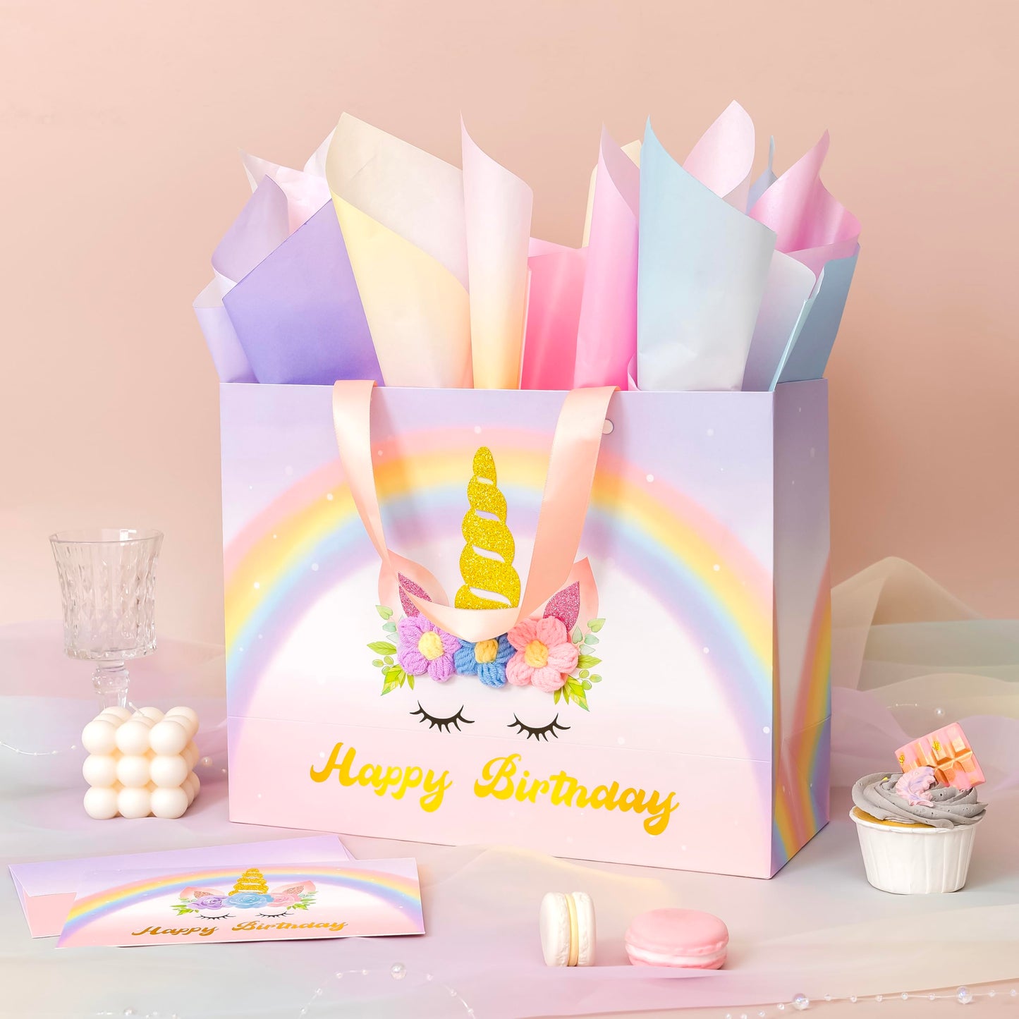 Crisky Unicorn Birthday Bags for Girls with Card & Tissue Paper, Birthday Gift Bags for Kids Baby Daughter Bday Party Decorations Gift Ideas