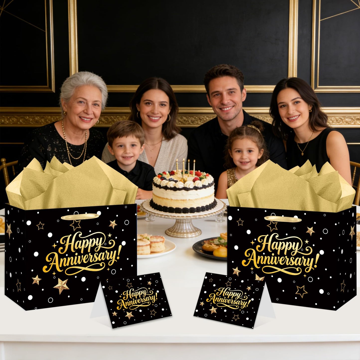 Black Gold Happy Anniversary Party Gift Bag - Large Wedding Gift Wrapping Bag with Tissue Paper and Greeting Card, Ideal for Wedding, Parents, 50th Golden Jubilee & Work Anniversary Party Decorations