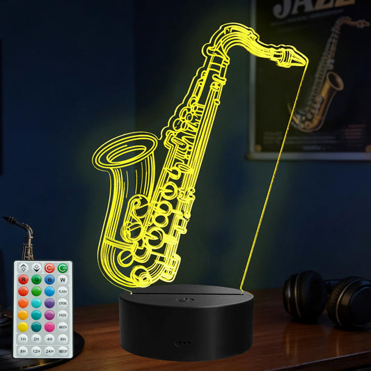Saxophone Night Light, 3D Illusion Lamp with Remote Control, 16 RGB Colors, 4 Flashing Modes, Timer, Dimmable, Saxophone Accessories Toys Decor for Holiday Birthday Christmas