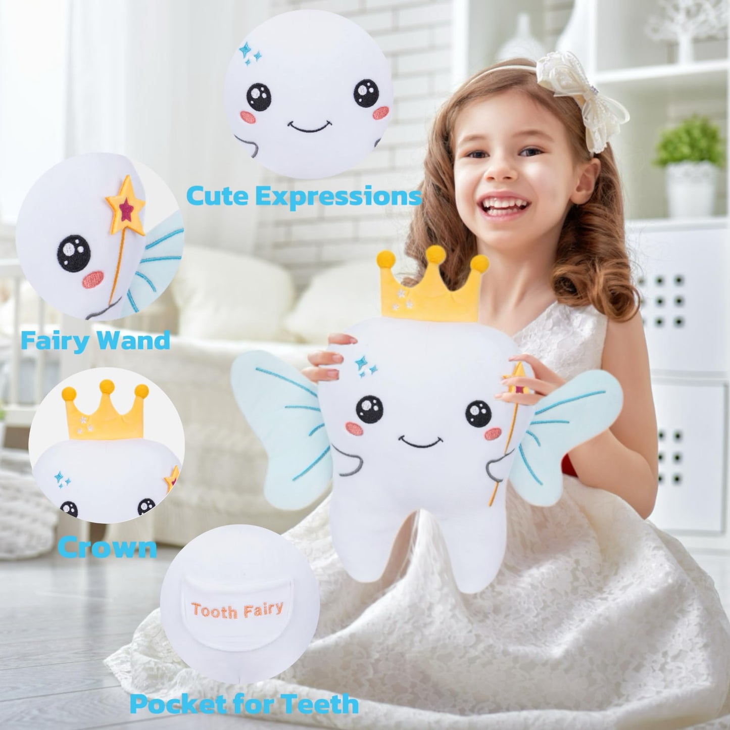 Tooth Fairy Plush Holder Gift – 12 Inch Big Tooth Pillow Crown Blue Wings Star Wand Kids' Tooth Fairy Gift for Boys Girls with Pocket