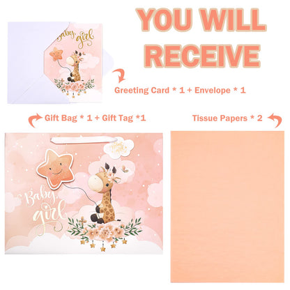 WRAPAHOLIC 16" Extra Large Baby Girl Gift Bag with Card and Tissue Paper - For Baby Shower, New Baby