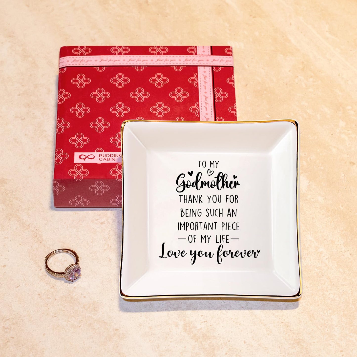 PUDDING CABIN Gifts for Godmother Jewelry Dish Trinket Tray, Godmother Gifts from Godchild Birthday Christmas Mothers Day