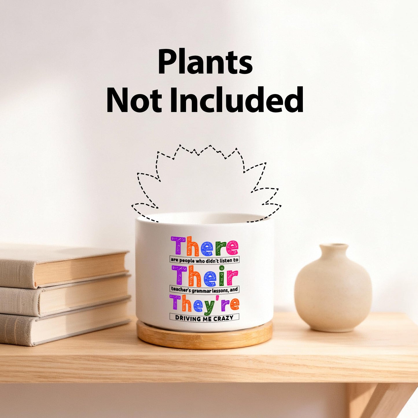 There Their They're Grammar English Teacher Gifts Editors Writers Teacher Appreciation Day Gifts Ceramic Succulent Plant Pot with Bamboo Tray Round Home Office Decor 3.5 Inch White (No Plants)