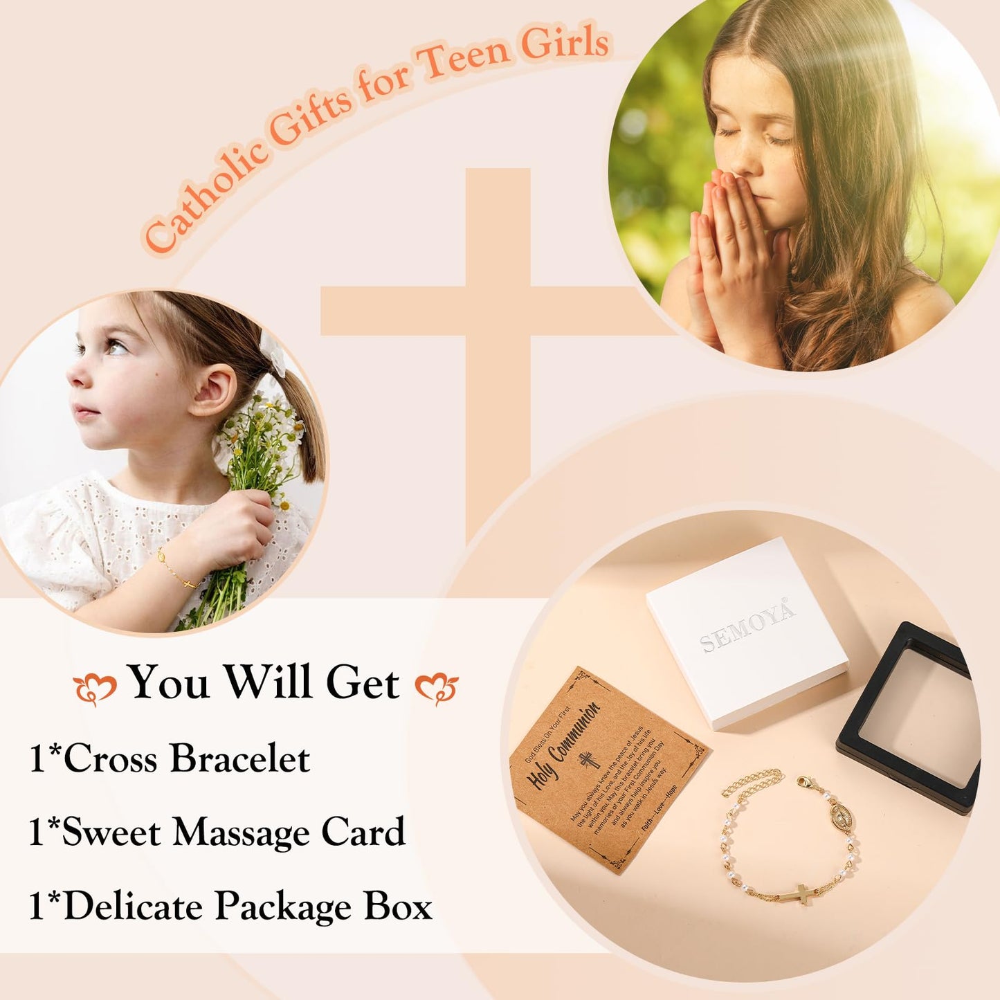 Catholic Bracelets Gifts for Women Girls, Simulated Pearl Rosary Beads Virgin Mary Cross Charm Bracelet Confirmation First Communion Baptism Religious Christian Jewelry Gift