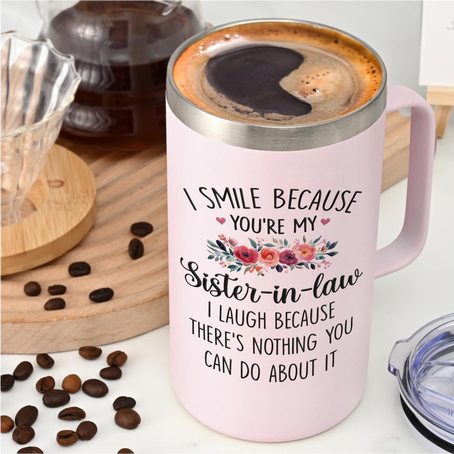 Lifecapido Sister in Law Gifts, I Smile Because You’re My Sister in Law 20oz Insulated Coffee Mug with Keychain, Birthday Christmas Mothers Day Gifts, Rose Quartz