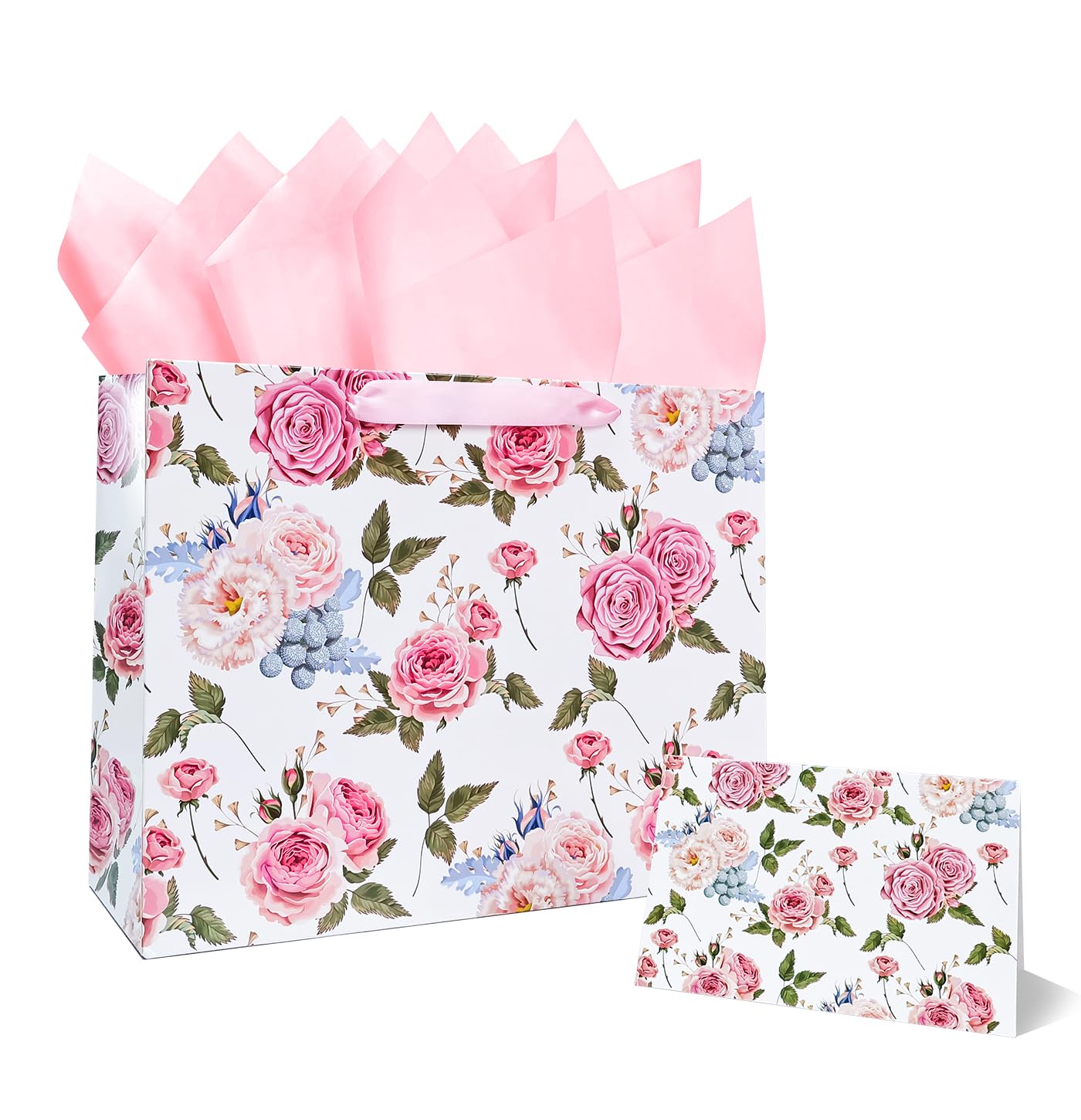 MUNILAIL 13 Inches Large Gift Bag for Women Flower Gift Bag with Handle Tissue Paper and Greeting Card for Birthday Wedding Bridal Shower Party Large Pink Paper Gift Bag