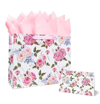 MUNILAIL 13 Inches Large Gift Bag for Women Flower Gift Bag with Handle Tissue Paper and Greeting Card for Birthday Wedding Bridal Shower Party Large Pink Paper Gift Bag