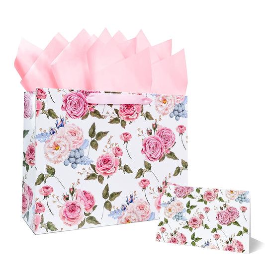 MUNILAIL 13 Inches Large Gift Bag for Women Flower Gift Bag with Handle Tissue Paper and Greeting Card for Birthday Wedding Bridal Shower Party Large Pink Paper Gift Bag