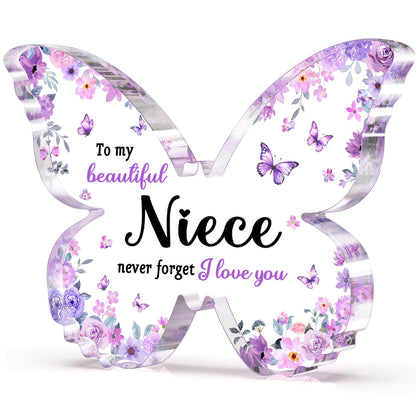 Niece Gifts from Auntie Aunt Uncle - Unique Purple Butterfly Acrylic Plaque Desk Decor - Mothers Day Christmas Valentines Day Graduation Gift for Niece - 5 x 3.8 x 0.5 inches