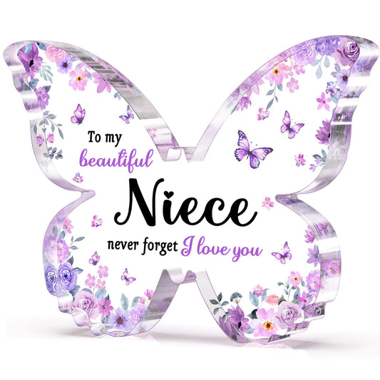 Niece Gifts from Auntie Aunt Uncle - Unique Purple Butterfly Acrylic Plaque Desk Decor - Mothers Day Christmas Valentines Day Graduation Gift for Niece - 5 x 3.8 x 0.5 inches
