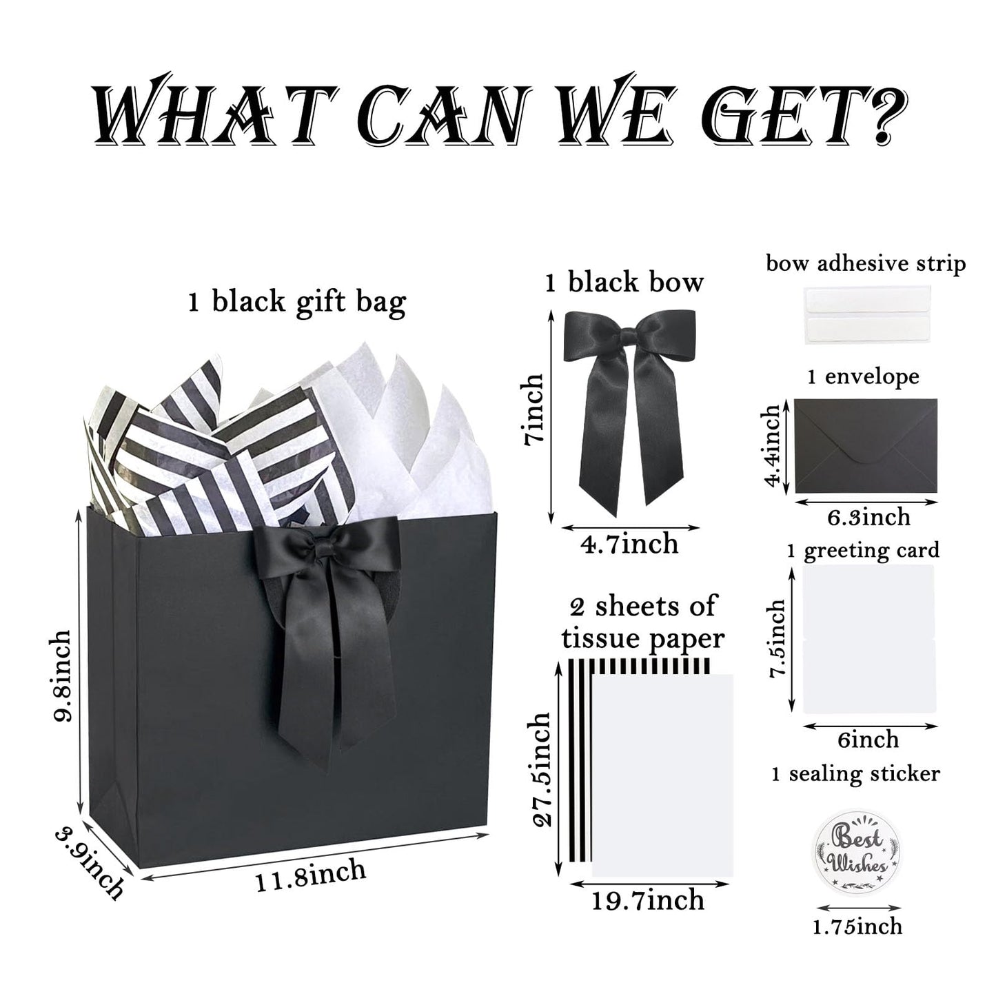 ZHIAXTON Black Gift Bags with Handles,11.8x3.9x9.8 Inch Gift Bags Medium Size with Tissue Paper,Cards and Bow,Black Gift Bag for Father's Day,Wedding Party, Anniversary,Men's Birthday
