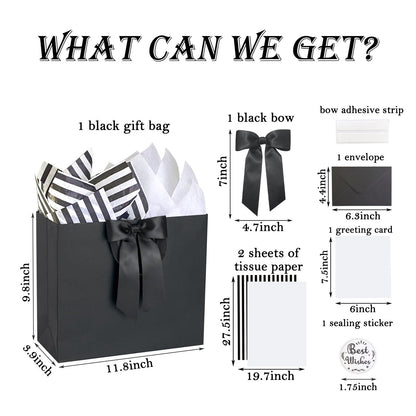ZHIAXTON Black Gift Bags with Handles,11.8x3.9x9.8 Inch Gift Bags Medium Size with Tissue Paper,Cards and Bow,Black Gift Bag for Father's Day,Wedding Party, Anniversary,Men's Birthday